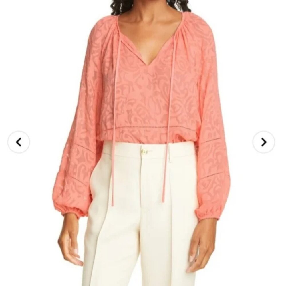 NWOT Tanya Taylor Janey Coral Melon Silk Balloon Sleeve Blouse